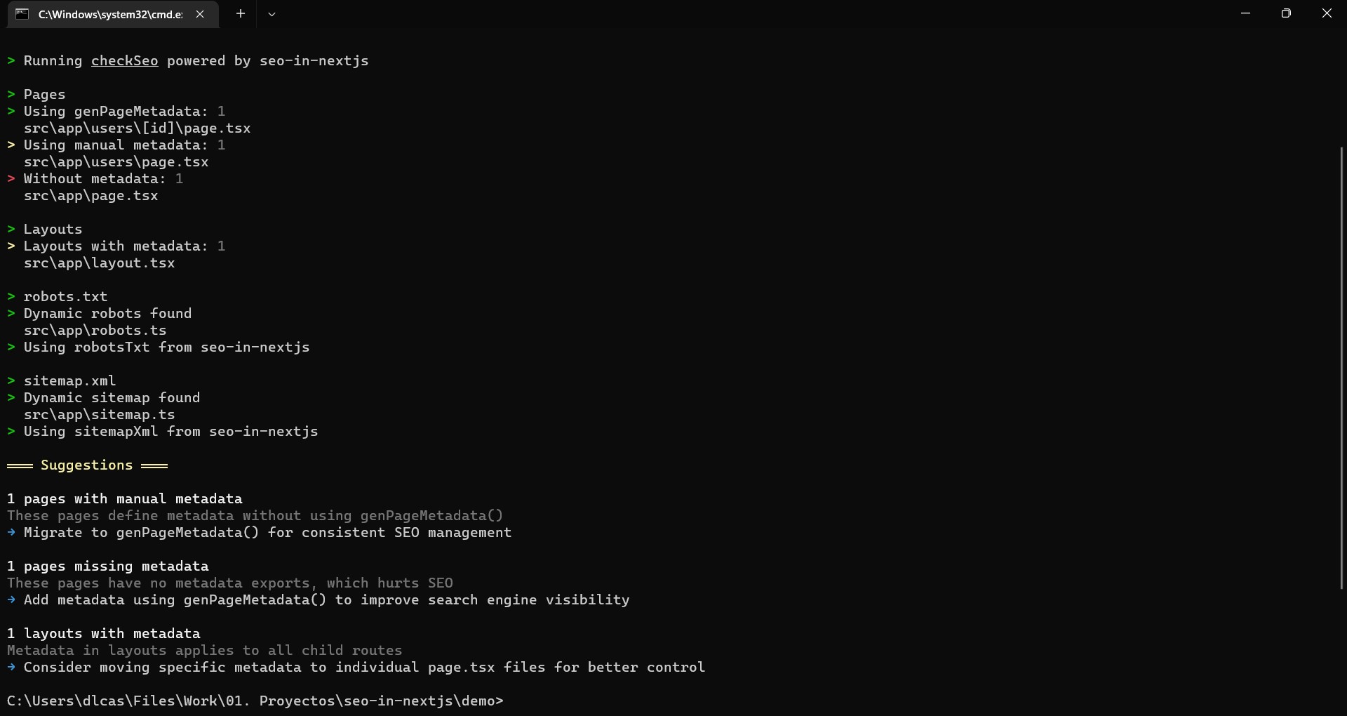 SEO checker tool displaying route analysis and configuration recommendations