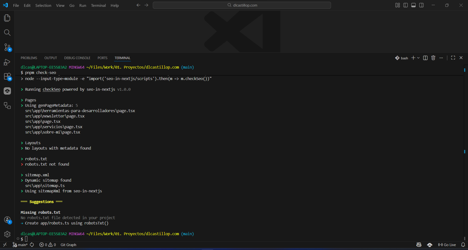 SEO checker tool displaying route analysis and configuration recommendations